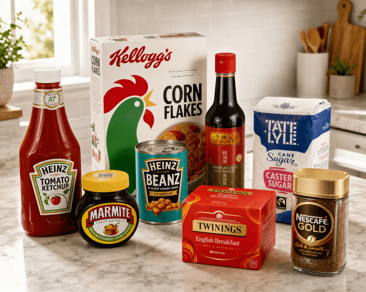 Pantry staples - ketchup, cereal, tea, coffee, sugar and store-cupboard favourites